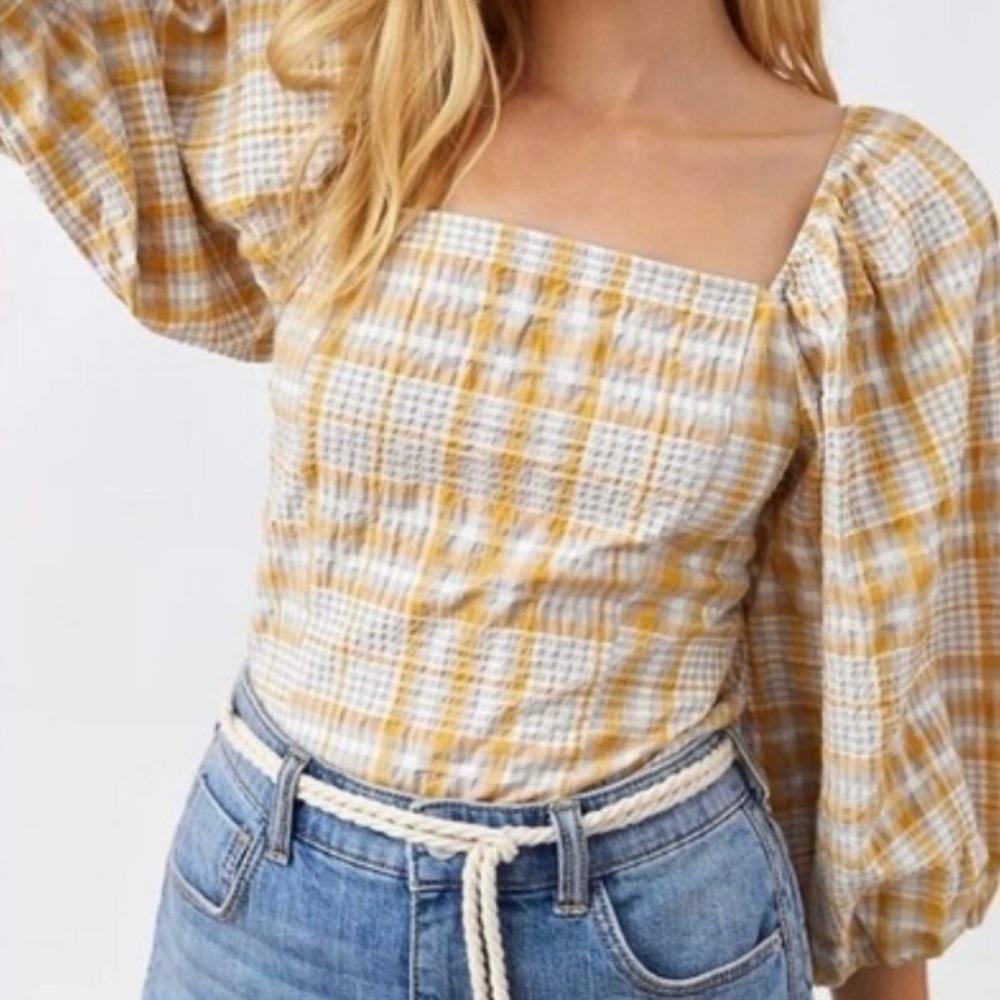 NWT Anthropologie Yellow and White Plaid Blouse
